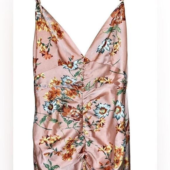 Floret Studios Satin Pink Floral Front Ruched High Low Sleeveless Midi Dress - Picture 7 of 10